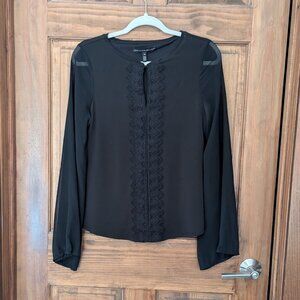 White House Black Market Black Lace Front Tunic with Semi Sheer Sleeves. Size XS